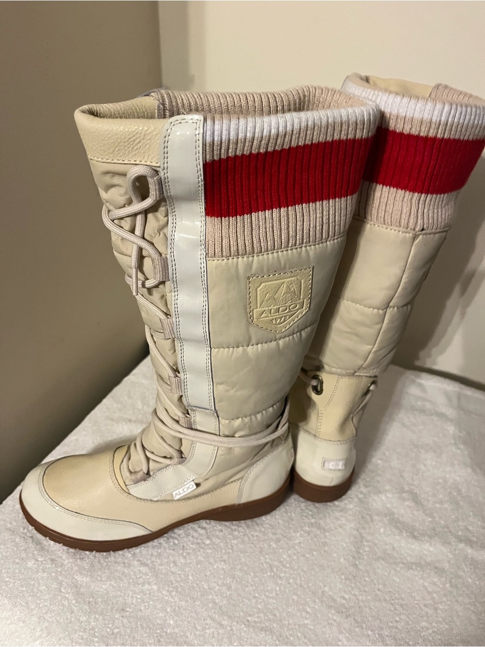 ALDO Cream Quilted Knee Boots with Red Knit Stripe